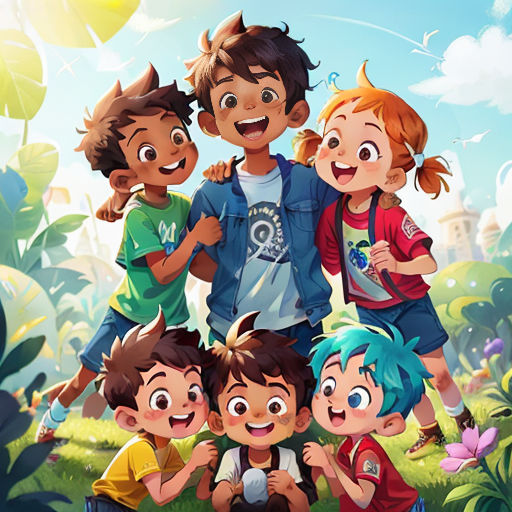a group of children standing in front of a forest with a castle in the background and a sky background