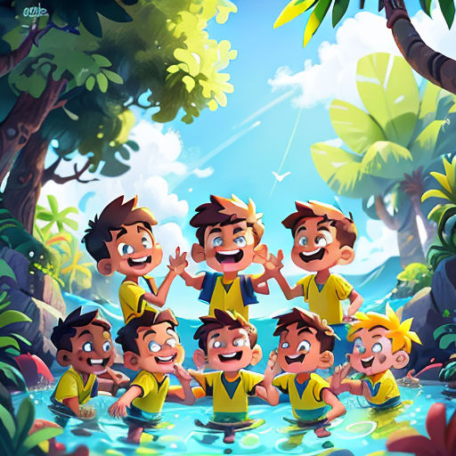 a group of cartoon boys standing in a river together with their arms in the air and smiling at the camera