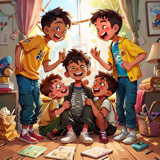 a group of children standing next to each other on a floor in front of a window with a book