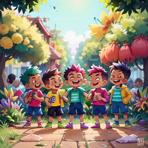 a group of children standing in a park with a sky background and trees and flowers in the background, with a sun shining through the leaves