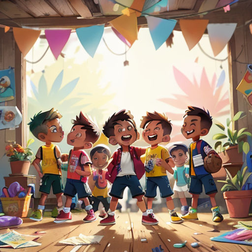 a group of children standing in a room with a wooden floor and a ceiling with flags and bunting