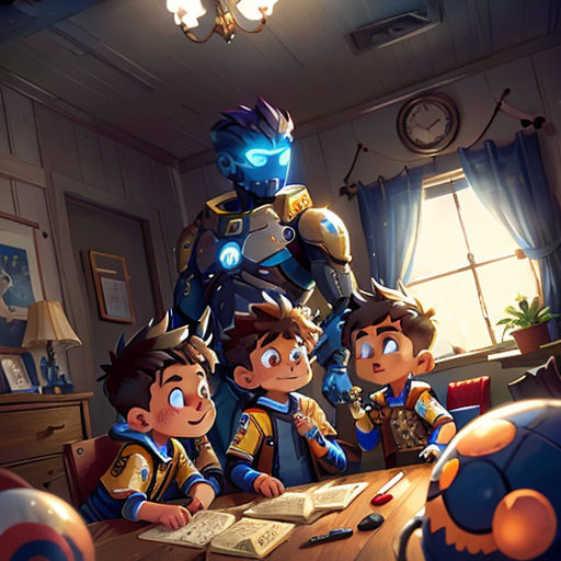 a group of children sitting around a table in a room with a robot on it's back and a man standing behind them