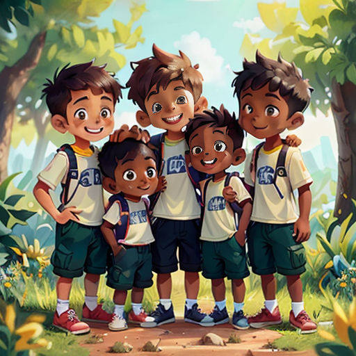 a group of children standing in front of a forest with trees and flowers on the ground, with the words,'the school '