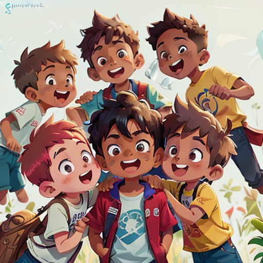 a group of children standing next to each other in front of a sky background with a bird flying above them