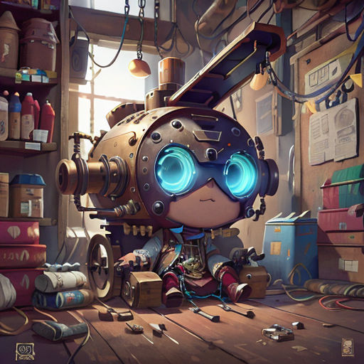 a cartoon character sitting on a table with a machine in the background and lots of books on the floor