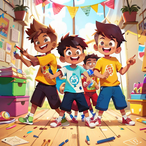 a group of kids standing next to each other in a room with toys and a sign that says happy birthday