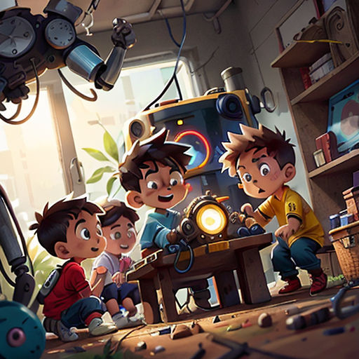 a group of children playing with a robot in a room with a table and a lamp on it, and a robot in the background