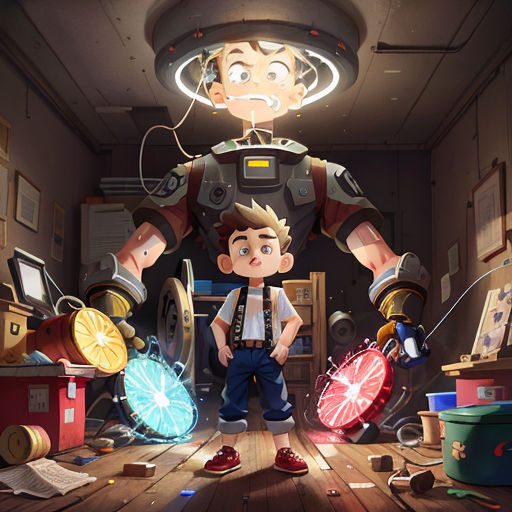 a boy standing in a room with a robot in the background and a fan in the foreground, and a fan in the foreground