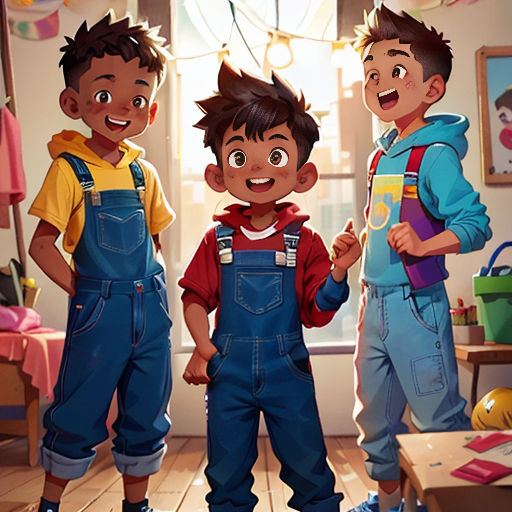three children standing in a room with a window and a painting on the wall behind them, and a picture of a boy in the background