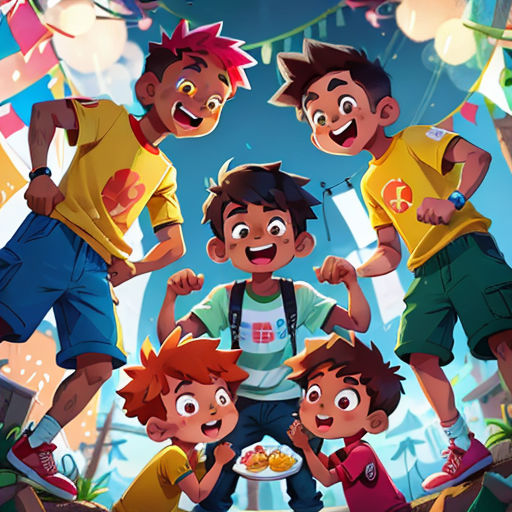 a group of kids standing next to each other in front of a carnival tent with balloons and streamers