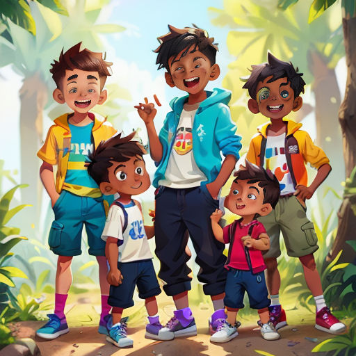 a group of children standing next to each other in a forest with trees and bushes behind them, all smiling
