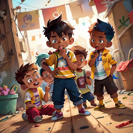 a group of children standing on top of a wooden floor next to a building with a banner above it