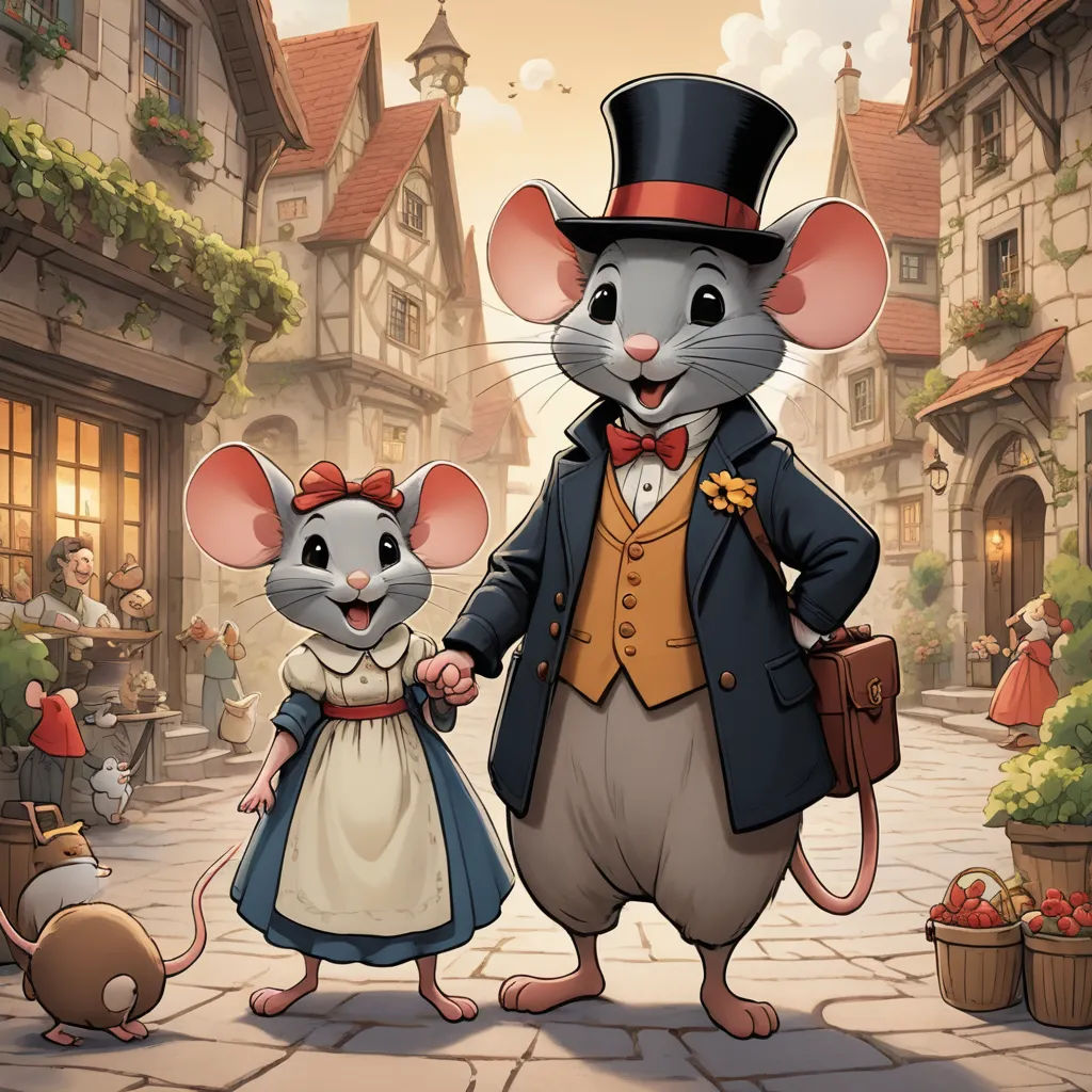 a mouse and a mouse in a street with a mouse in a top hat and a mouse in a dress, furry art, a storybook illustration, Chris LaBrooy, official art