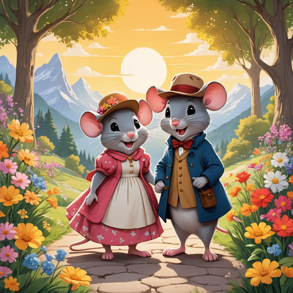 a couple of mice standing next to each other on a field of flowers and trees with mountains in the background, sots art, a storybook illustration, Chris LaBrooy, official art
