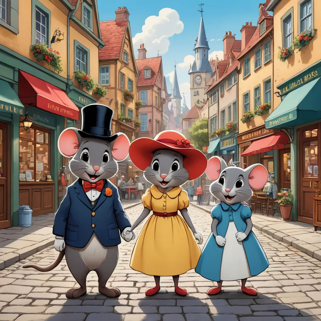 a group of mice standing on a street in front of a building with a clock tower in the background, sots art, a storybook illustration, Chris LaBrooy, official art