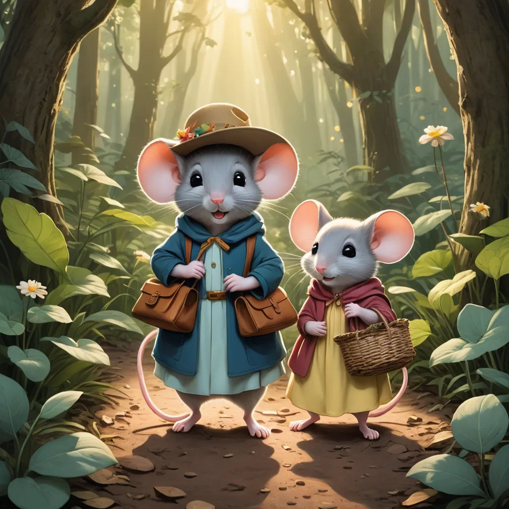 a couple of mice standing next to each other in a forest with flowers and leaves on the ground and a sun shining through the trees, furry art, a storybook illustration, Chris LaBrooy, official art