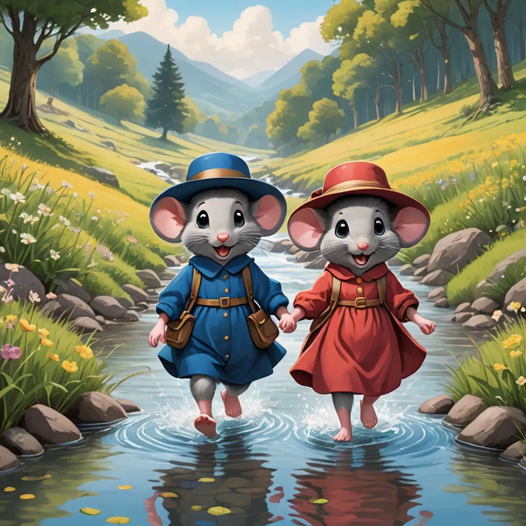 two mice are walking in the water near a stream of water and trees, with a mountain in the background, fantasy art, a storybook illustration, Bob Byerley, kinkade