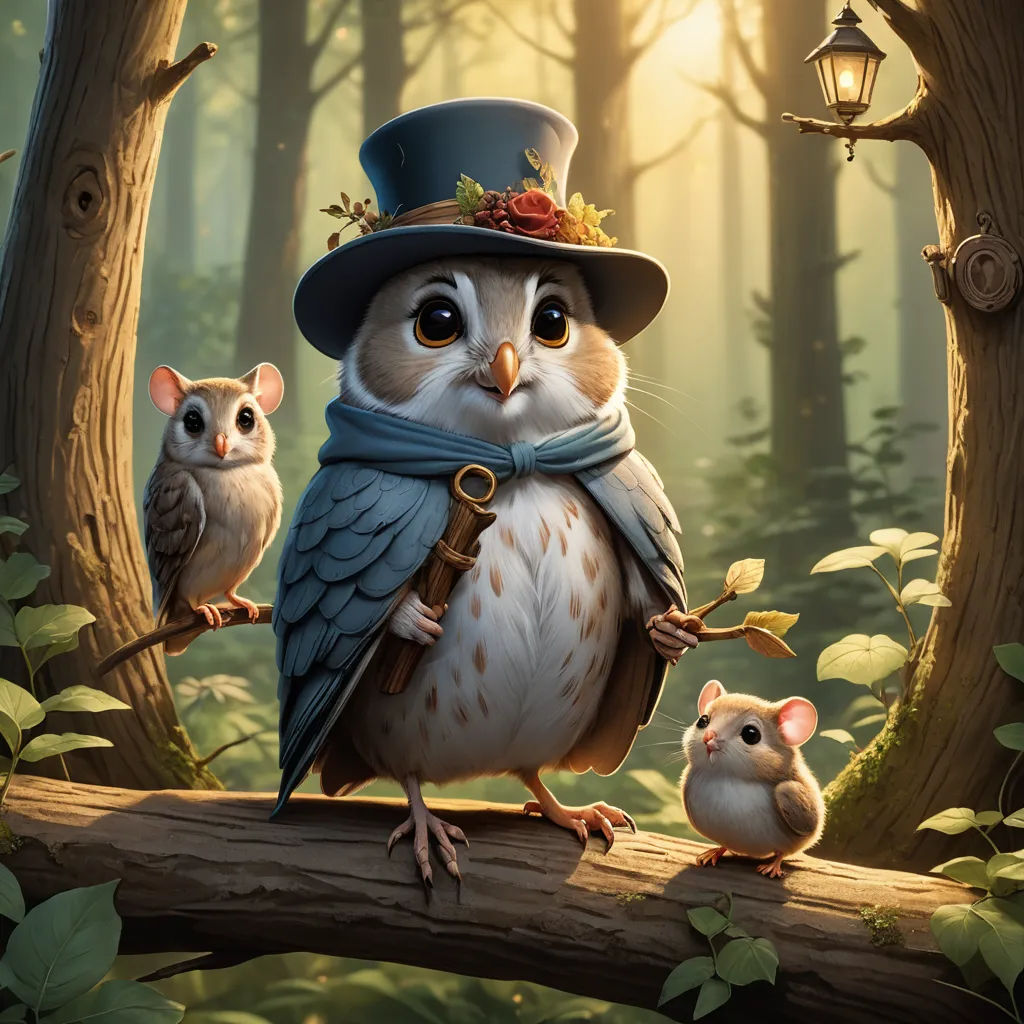 a painting of an owl with a hat and two mice on a branch in a forest with a lantern, fantasy art, a storybook illustration, Chris LaBrooy, official art