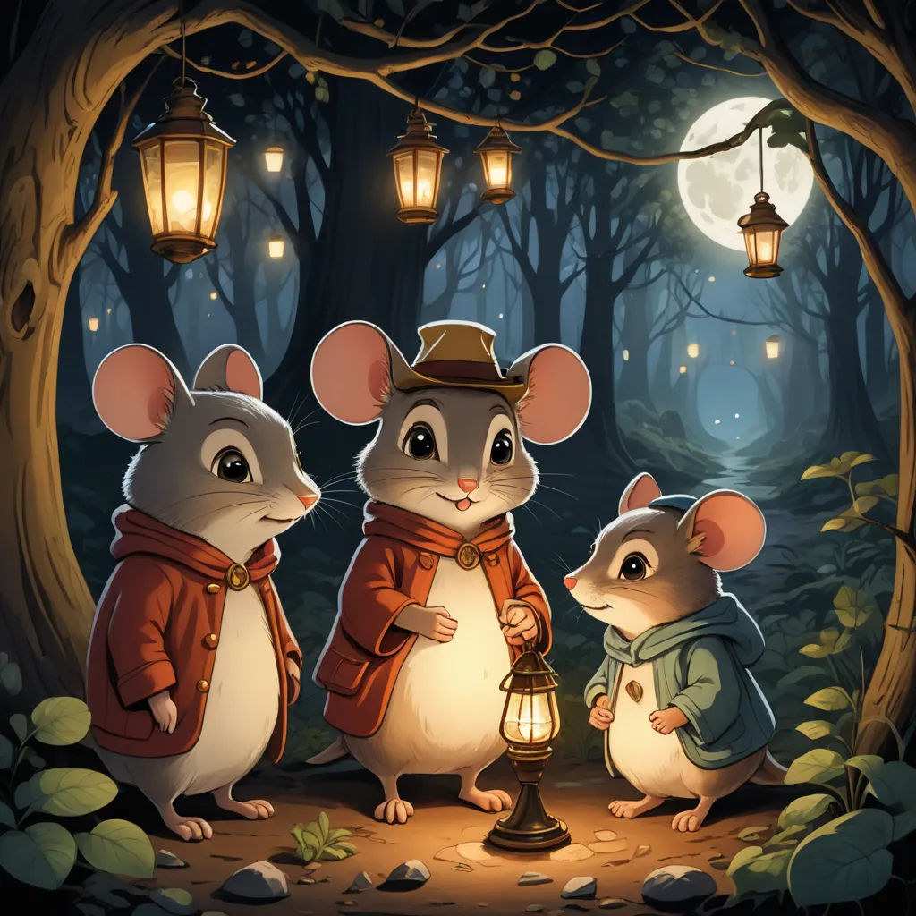 three mice are standing in the woods with a lantern in their hands and a lantern in their hand,, fantasy art, a storybook illustration, Dan Mumford, rossdraws global illumination