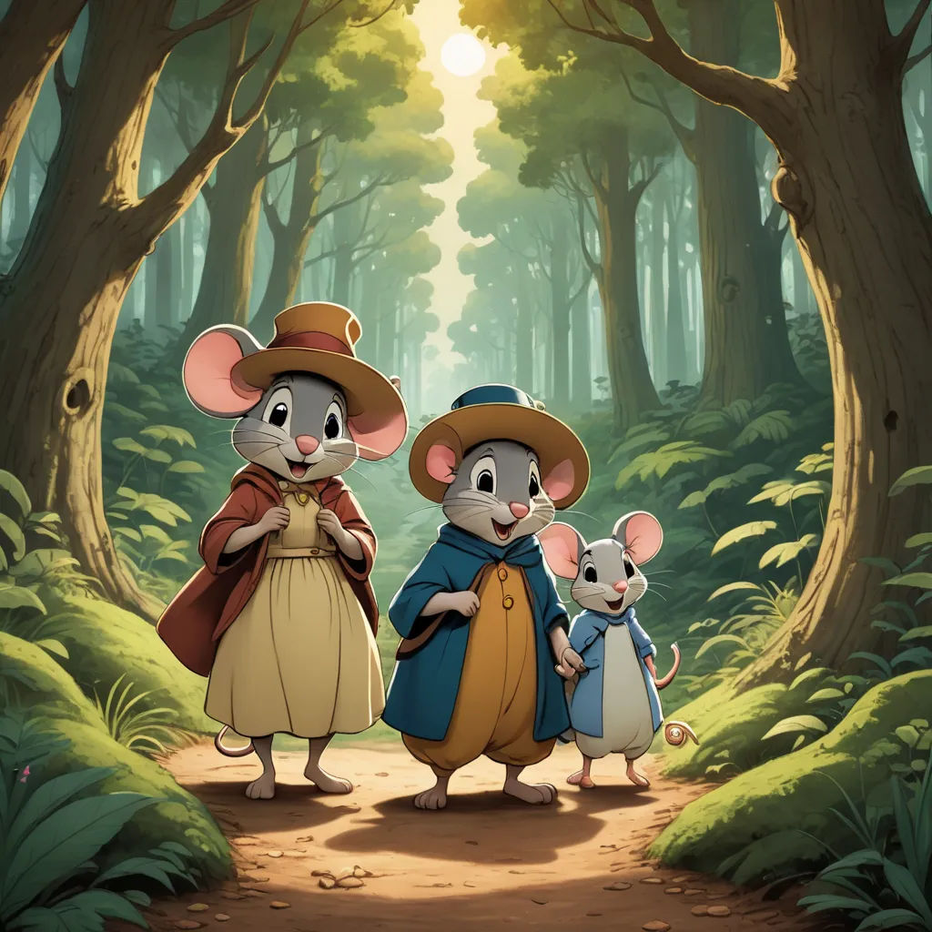 a couple of mice standing on a dirt road in a forest with trees and grass on both sides of them, furry art, poster art, Beatrix Potter, official art