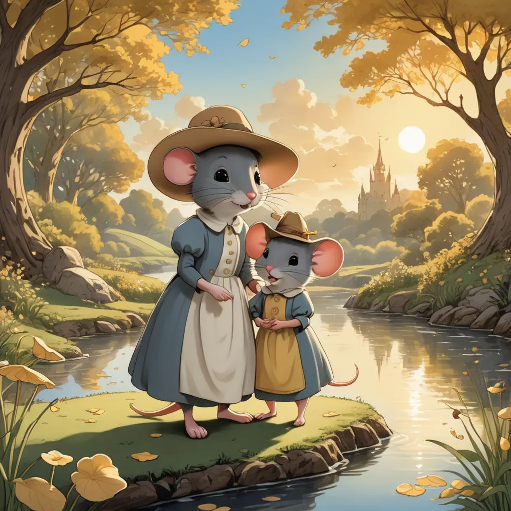 a mouse and a mouse in a cartoon scene with a river and trees in the background and a castle in the background, fantasy art, a storybook illustration, Chris LaBrooy, official art