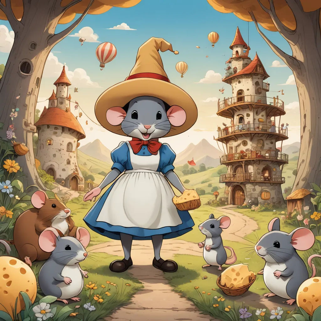 a cartoon mouse with a hat and a bunch of mice in a forest with a castle in the background, fantasy art, a storybook illustration, Beatrix Potter, official art