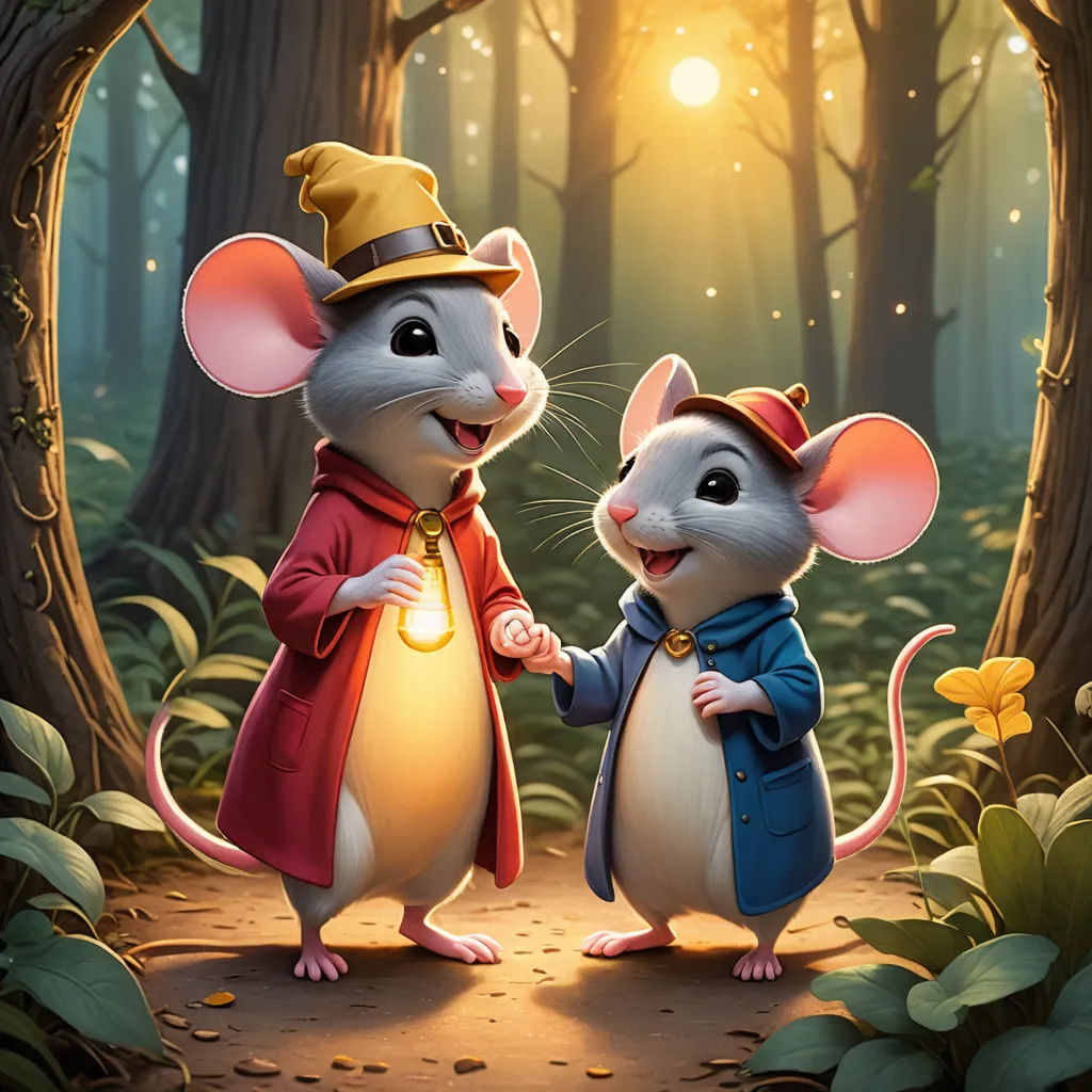two mice are standing in the woods holding hands and talking to each other, with a bright light shining on the background, sots art, a storybook illustration, Chris LaBrooy, official art