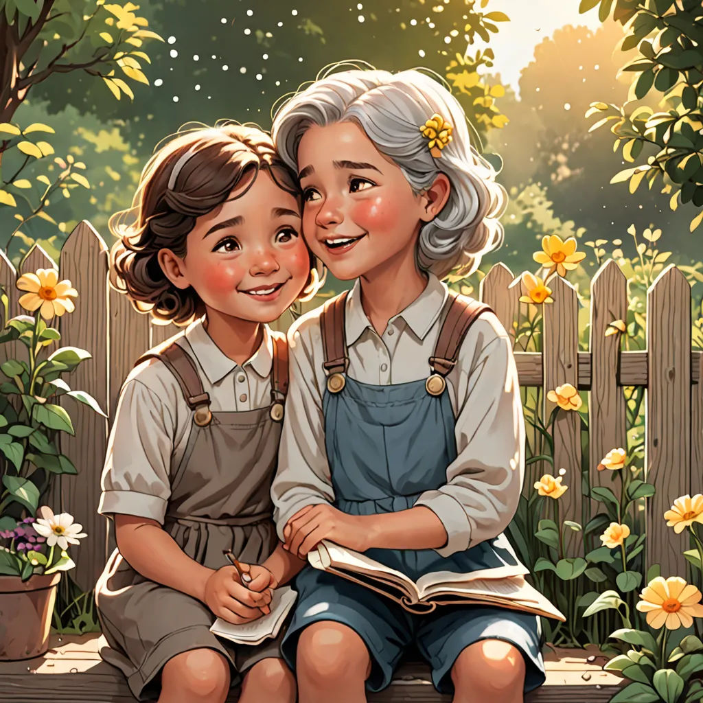 a couple of kids sitting on top of a bench next to each other near flowers and a fence with a book, fantasy art, a storybook illustration, Cynthia Sheppard, storybook illustration