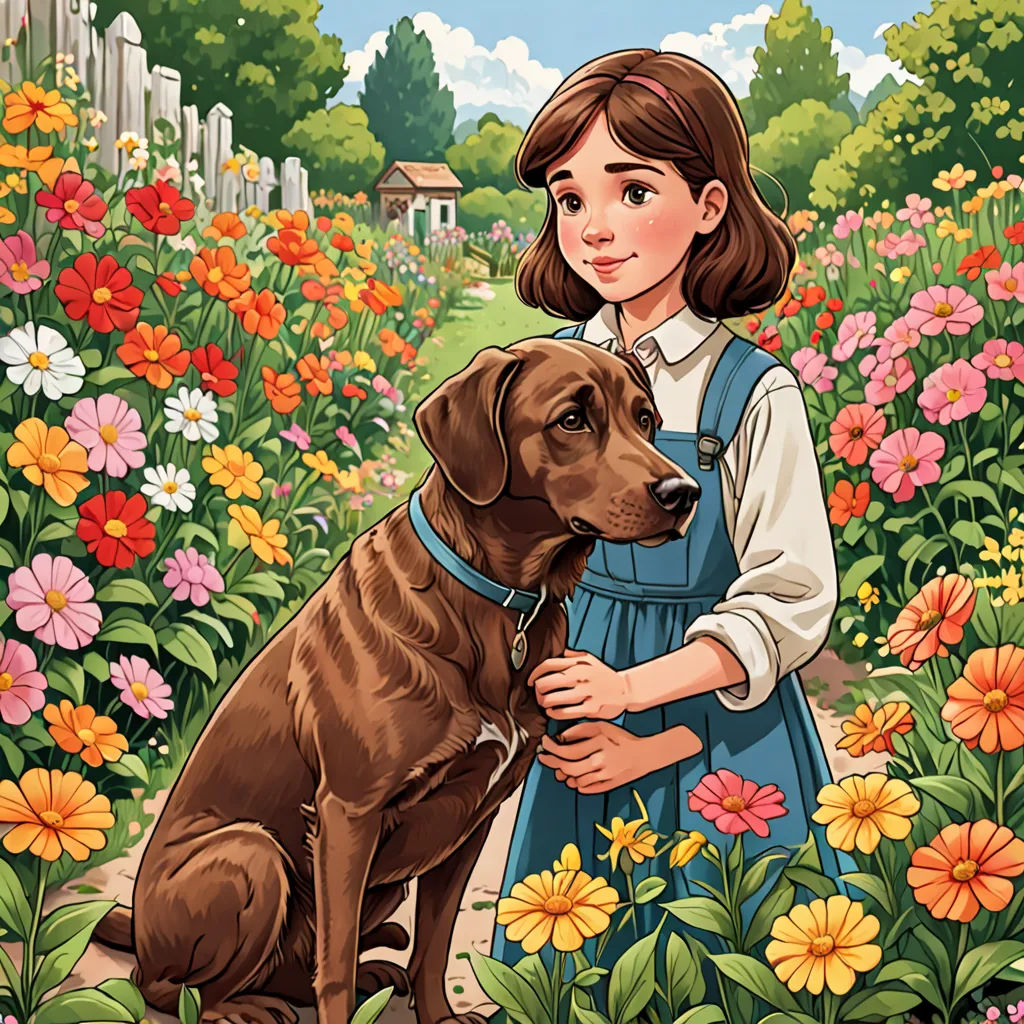 a girl in a field of flowers with a dog in her lap, with a house in the background, naive art, a storybook illustration, Elinor Proby Adams, comic cover art