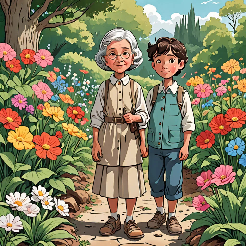 a boy and girl standing in a garden with flowers and trees in the background, with a cartoon of an elderly woman and a boy, serial art, a storybook illustration, Asaf Hanuka, rossdraws global illumination