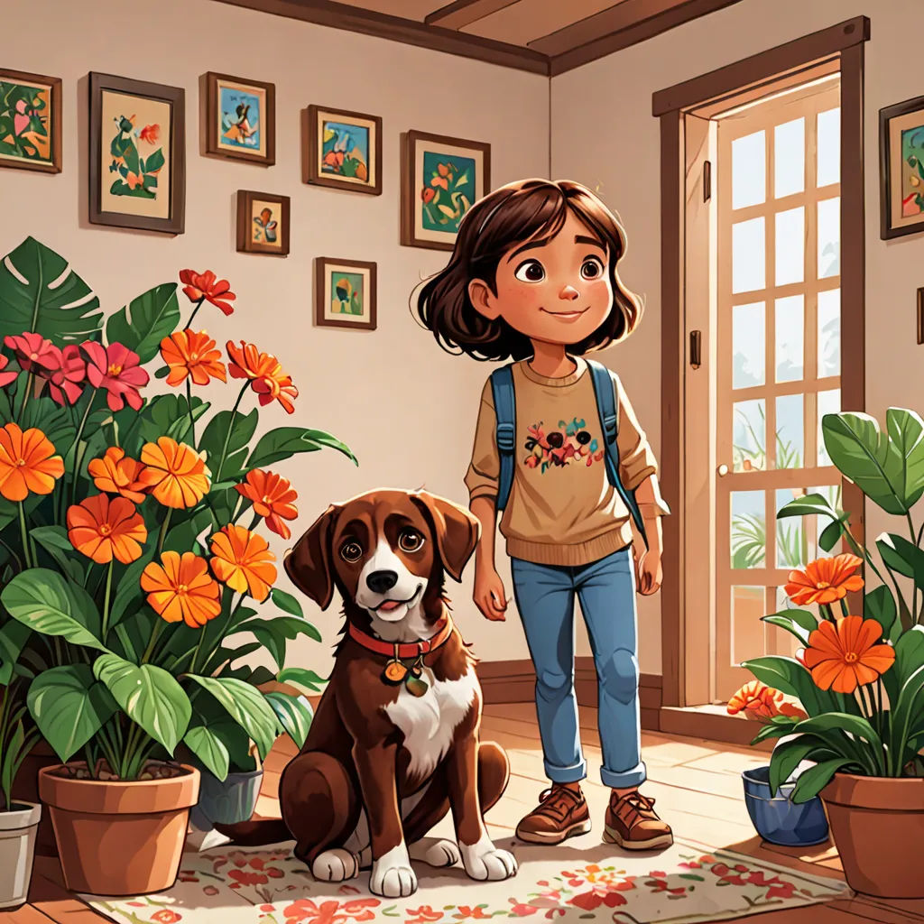 a girl and a dog in a room with flowers and pictures on the wall and a potted plant, american scene painting, a storybook illustration, Diego Gisbert Llorens, storybook illustration