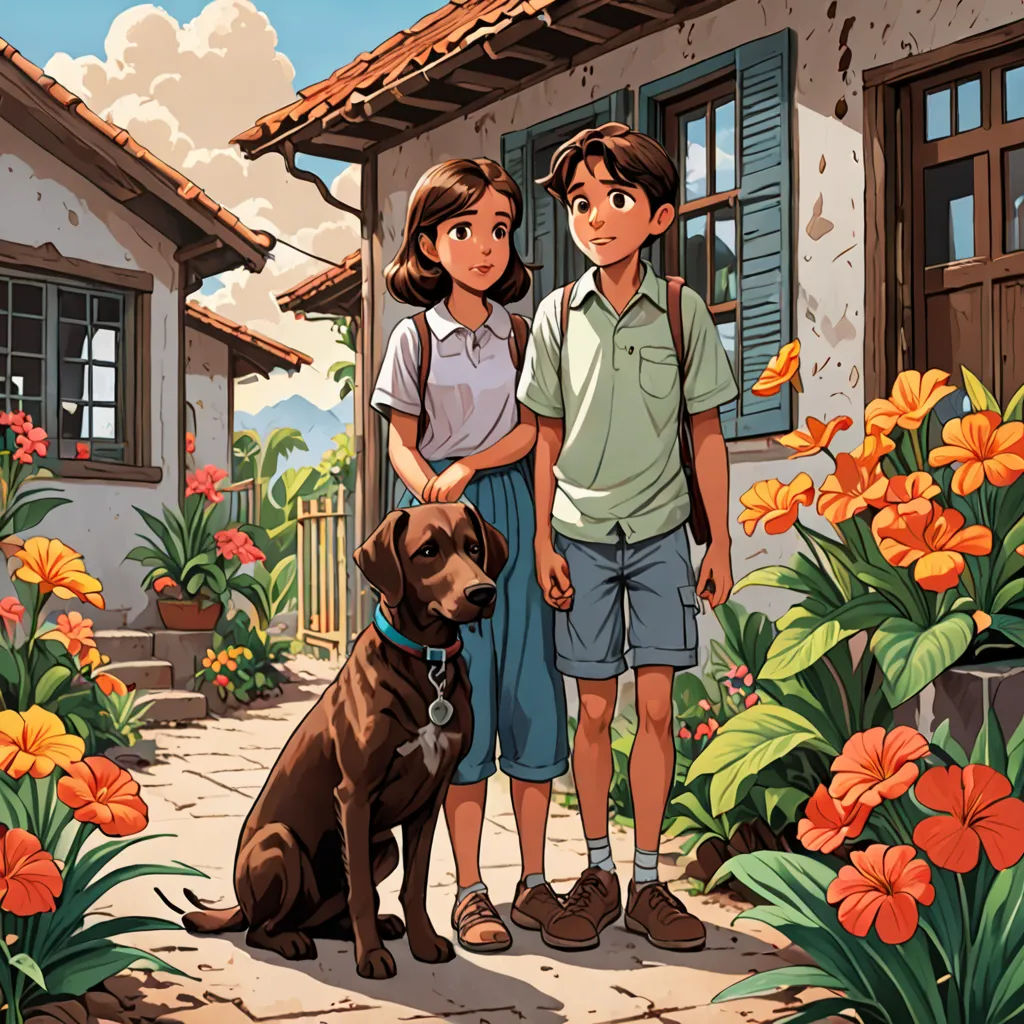 a boy and a girl standing in front of a house with a dog in front of them and a dog sitting on the ground, american scene painting, a storybook illustration, Asaf Hanuka, comic cover art