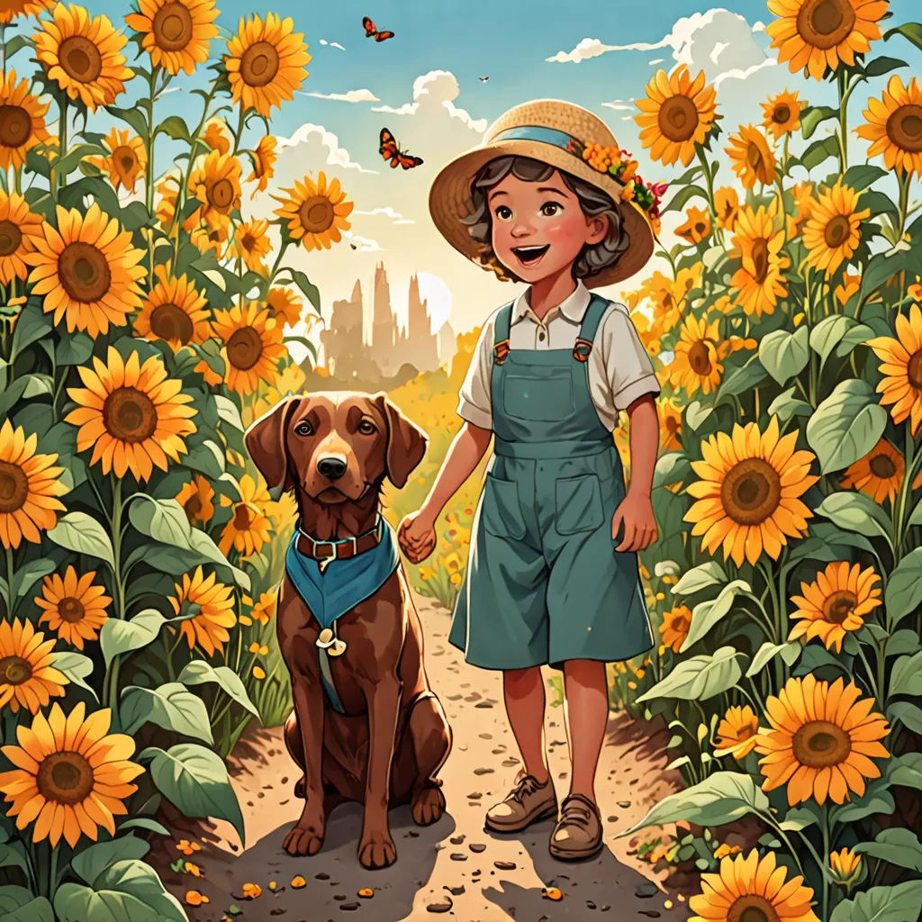 a little girl standing next to a dog in a field of sunflowers with a butterfly flying overhead, process art, a storybook illustration, Aaron Jasinski, comic cover art