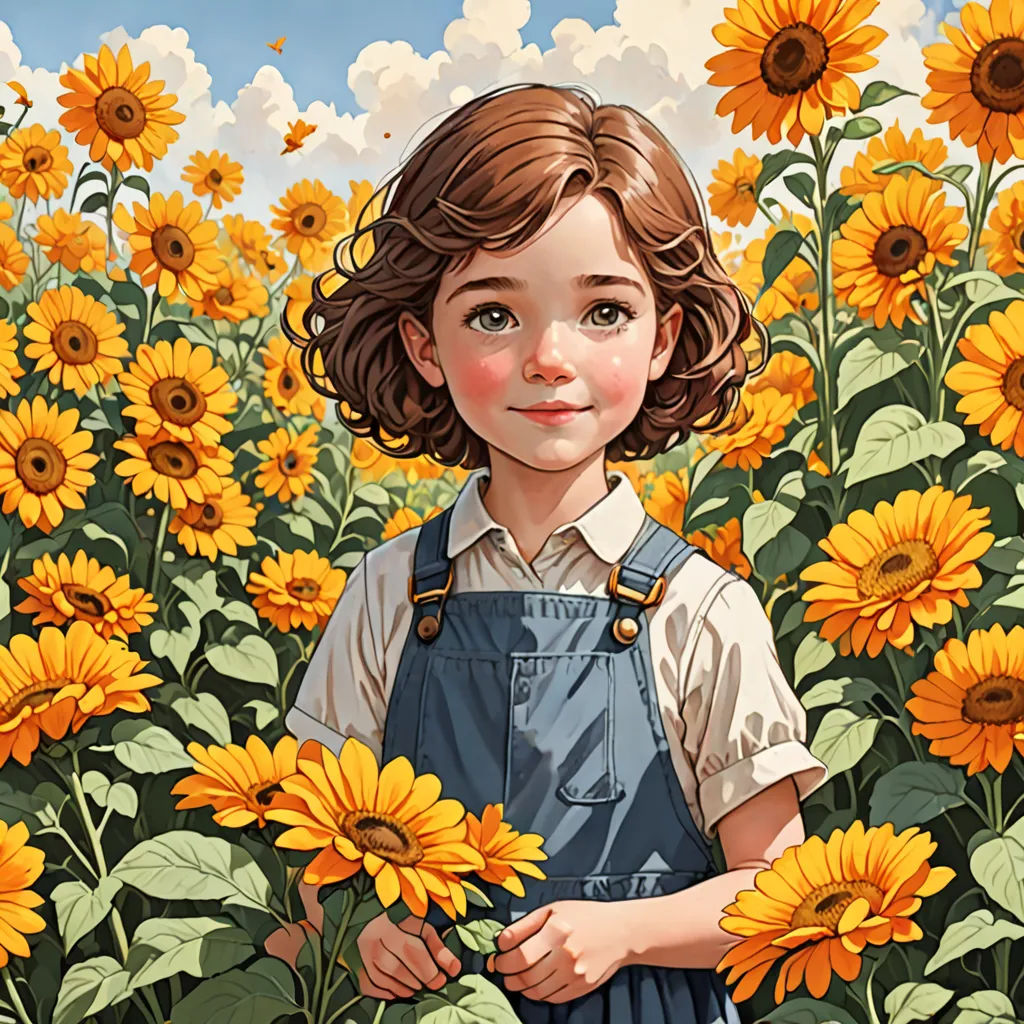 a painting of a girl in a field of sunflowers with a blue sky in the background and clouds in the sky, photorealism, a detailed painting, Aaron Jasinski, rossdraws global illumination