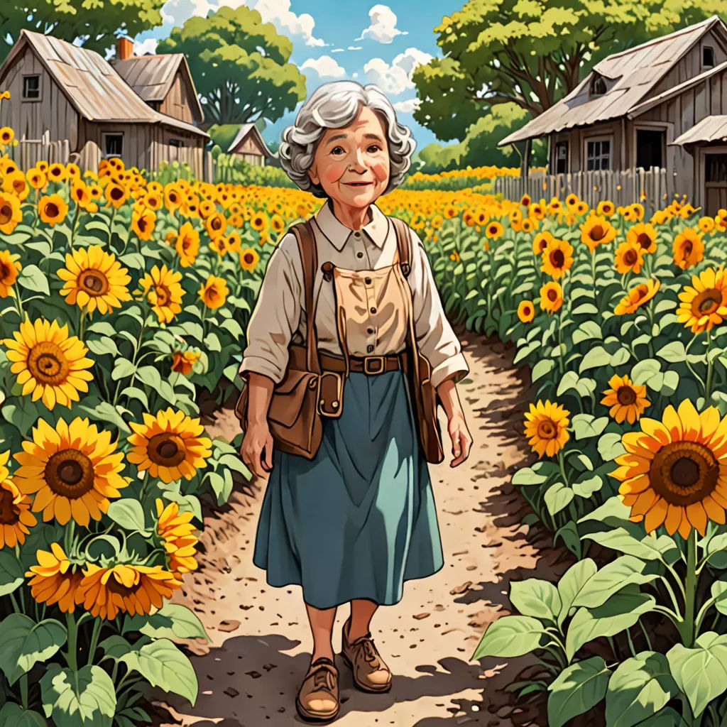 a painting of a woman walking through a sunflower field with a barn in the background and a field of sunflowers, fantastic realism, a storybook illustration, Chizuko Yoshida, official art