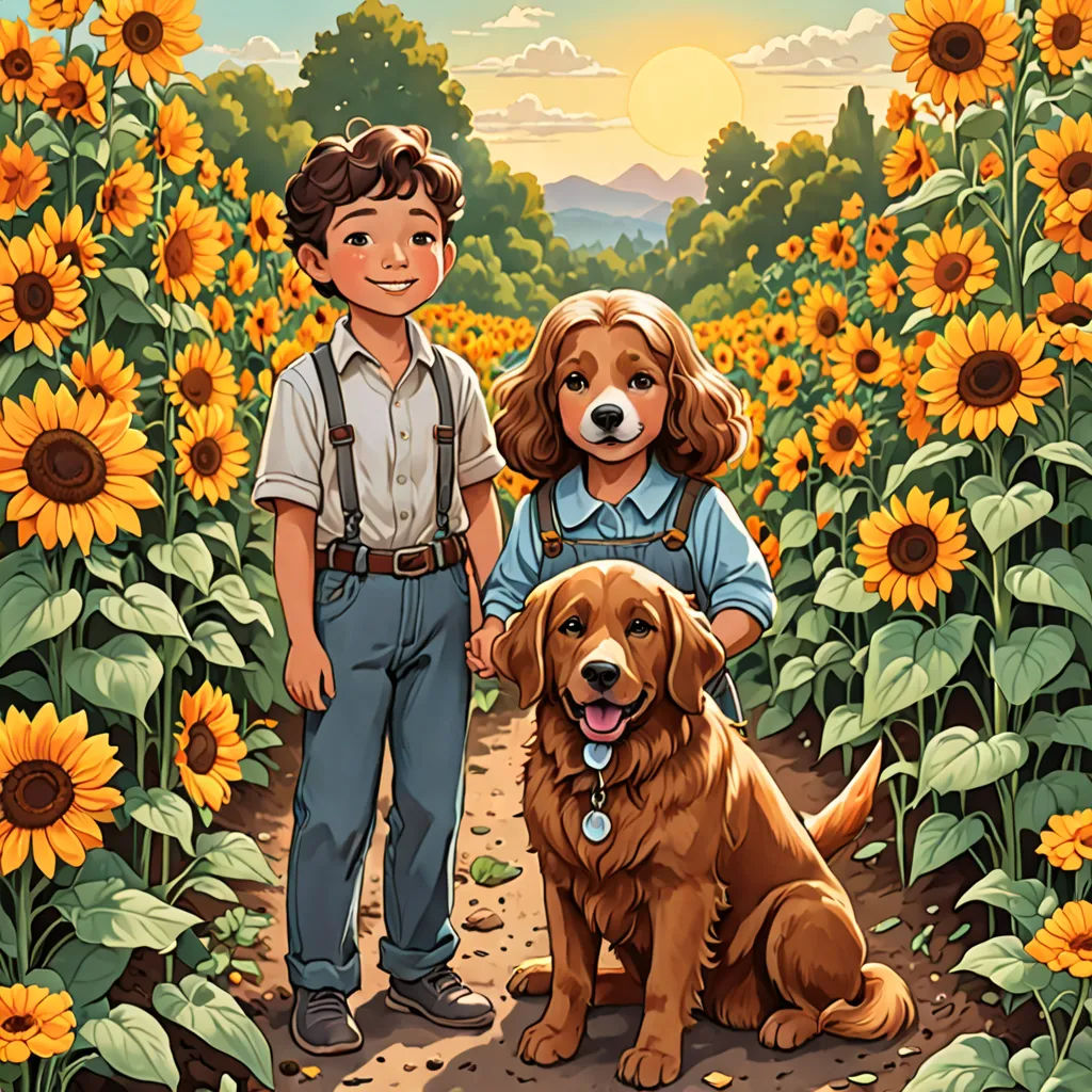 a boy and a girl standing in a field of sunflowers with a dog in front of them, serial art, a storybook illustration, Aaron Jasinski, comic cover art