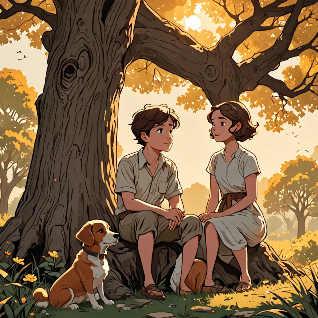 a boy and a girl sitting on a rock under a tree with a dog sitting next to them on the ground, serial art, a storybook illustration, Atey Ghailan, rossdraws global illumination