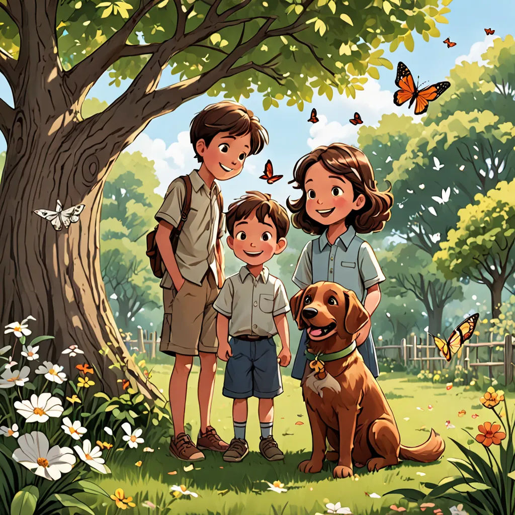 a family standing in the grass with a dog and a tree in the background with butterflies flying around them, paris school, a storybook illustration, Diego Gisbert Llorens, official art