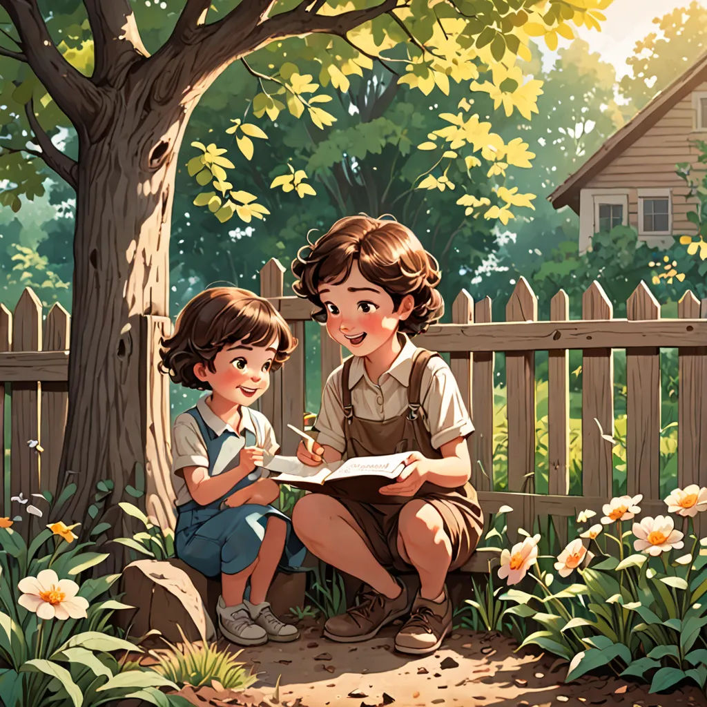 a boy and girl sitting on a bench in a garden with a tree and fence in the background, writing, american scene painting, a storybook illustration, Brothers Hildebrandt, storybook illustration