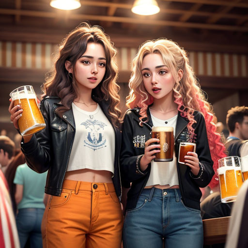 two women holding beer mugs in a bar with people in the background at a social gathering in a pub
