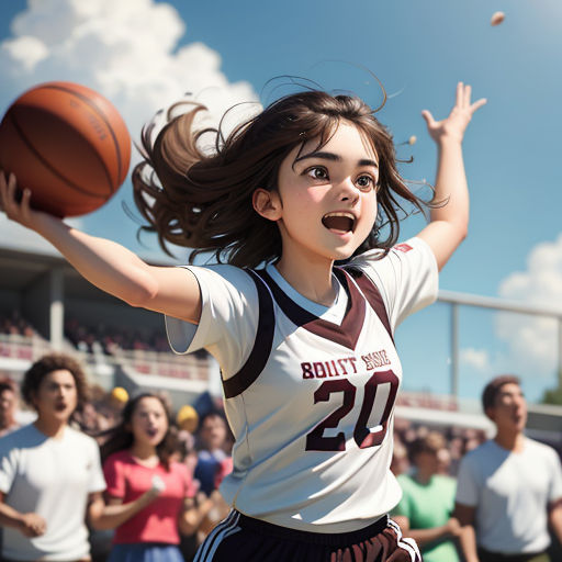 a young girl is playing basketball with a crowd of people watching her and her hands are in the air