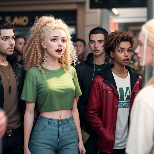 a group of people standing around each other in a room with a woman in a green shirt and a man in a red jacket