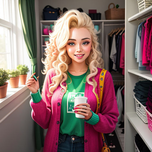 a woman holding a cup in a closet with a window behind her and a shelf with a plant in it