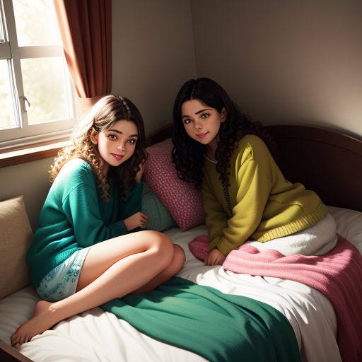 two women sitting on a bed in a bedroom with a window behind them and a blanket on the bed
