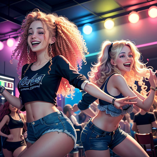 two women dancing in a club with a lot of lights on the ceiling behind them and a neon light in the background