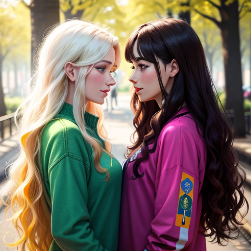 two women standing next to each other near a tree filled park with benches and benches on the side walk