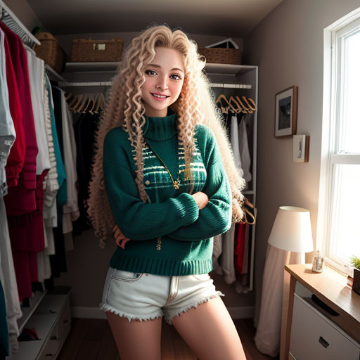 a woman standing in a closet with her arms crossed and her legs crossed, with her arms crossed, and her legs crossed