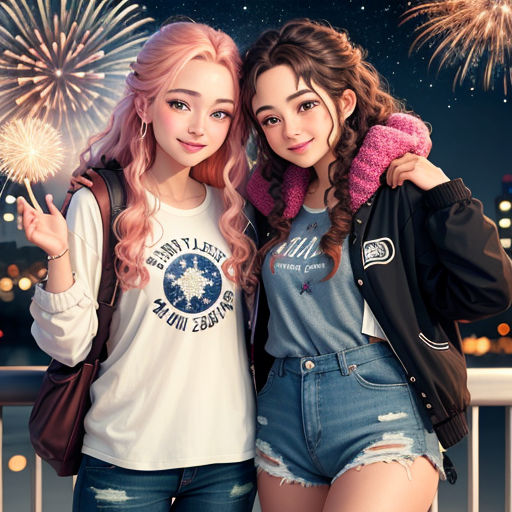 two girls are posing for a picture with fireworks in the background and a city skyline in the background, with a woman in a white shirt and a pink scarf