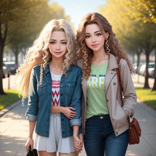 two young women standing next to each other on a sidewalk with trees in the background and a sidewalk with a sidewalk lined with trees and a sidewalk with two young women holding hands