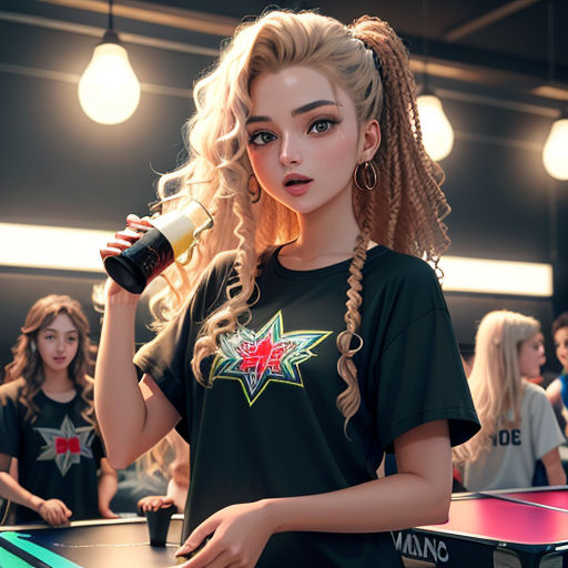 a woman with a bottle of wine standing in front of a table with a ping pong paddle on it